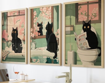 Affiche drôle de salle de bain : chat noir lisant le journal, impression d'art mural toilettes, art mural caca de chat japonais maximaliste