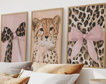 Cheetah Wall Art Set of 3, Pink Bow Leopard Prints, Girly Glam Decor