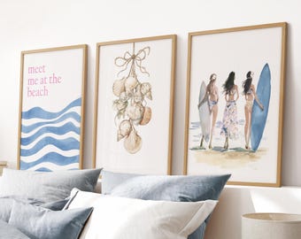 Lot de 3 impressions bleu clair sur la plage rose, décor de dortoir de plage girly, art mural côtier tendance