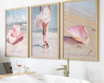 Impressions d'art esthétique cow-girl côtière rose, décoration de chambre girly plage, lot de 3 oeuvres d'art mural tendance été, chapeau de cow-girl, bottes coquillages