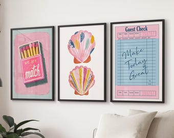 Décoration murale côtière de dopamine : ensemble d'affiches d'art éclectiques colorées, décoration de chambre preppy - lot de 3