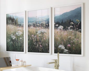 Wildflower Field Giclée Print Set: Vintage Farmhouse Landscape Wall Art