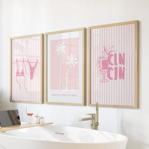 Pink Beach Prints Set of 3, Coastal Cowgirl Wall Art, Trendy Aesthetic Bar Cart Wall Decor, Girly Dorm Room, Preppy Aesthetic Beachy Decor