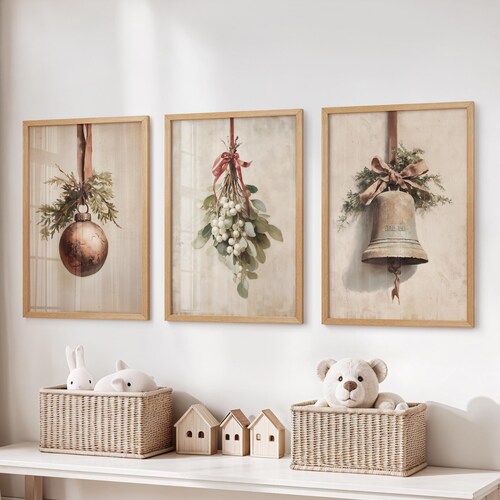 Ensemble d'impressions de Noël rustique : oeuvre d'art murale des Fêtes Cottagecore