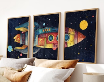 Décoration murale fusée spatiale : décoration pour chambre d'enfant - Lot de 3