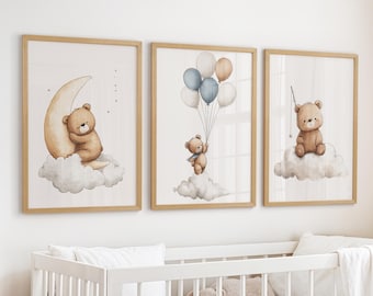 Teddy Bear Nursery Wall Art: Kids Room Wall Art, Moon, Cloud, Bear, Balloon - Set of 3