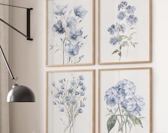 Impressions d'art florales bleues : décoration murale botanique, lot de 4