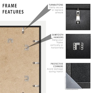 K&ouml;nnte beinhalten: Ein schwarzer Bilderrahmen mit Schutzecken, S&auml;gezahn-Aufh&auml;ngern und Drehkn&ouml;pfen. Der Rahmen enth&auml;lt Text, der "FRAME FEATURES", "TURNBUTTONS", "SAWTOOTH HANGERS" und "PROTECTIVE CORNERS" lautet.