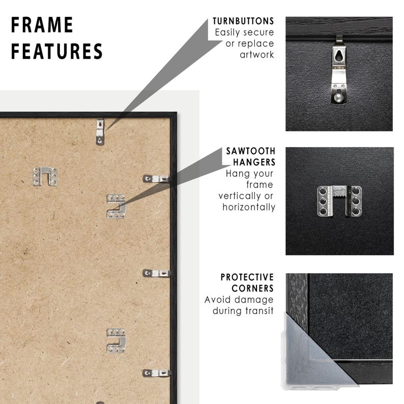 K&ouml;nnte beinhalten: Ein schwarzer Bilderrahmen mit Schutzecken, S&auml;gezahn-Aufh&auml;ngern und Drehkn&ouml;pfen. Der Rahmen enth&auml;lt Text, der "FRAME FEATURES", "TURNBUTTONS", "SAWTOOTH HANGERS" und "PROTECTIVE CORNERS" lautet.