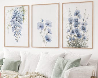 Blue Watercolor Floral Set of Three Prints, Botanical Art, Living Room Wall Art, Blue Flowers Poster, Apartment Home Decor, Modern Floral
