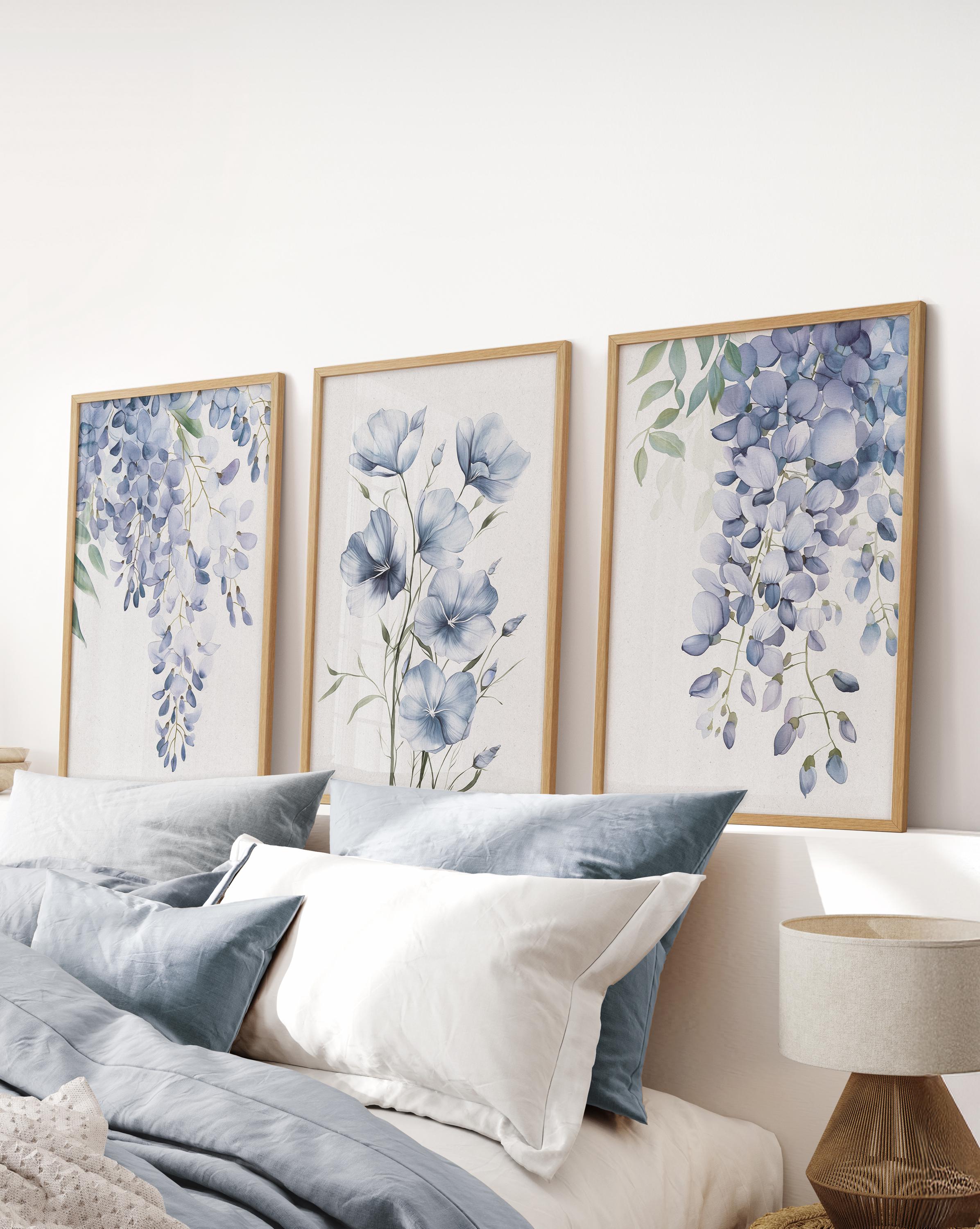 Blue Floral Watercolor Art Prints: Light Blue Botanical Wall Decor, Set ...