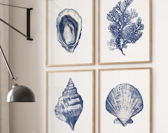 Impressions coquillages corail : oeuvre d'art murale côtière bleu marine, lot de 4