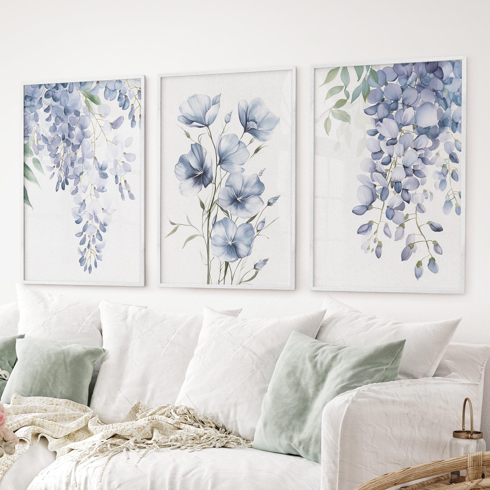 Blue Floral Watercolor Art Prints: Light Blue Botanical Wall Decor, Set ...