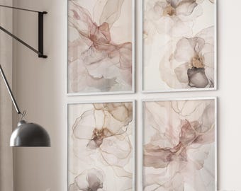 Abstract Wall Art Prints: Blush Pink & Gold, Set of 4