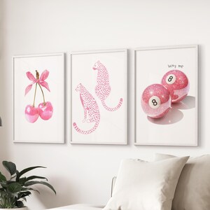 Coquette Room Decor Art Prints: Cherry Bow, Cheetah, 8 Ball - Set of 3 Framed: White Oak