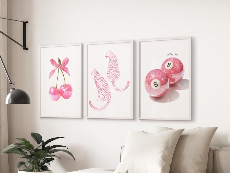 Coquette Room Decor Art Prints: Cherry Bow, Cheetah, 8 Ball - Set of 3 Framed: White Oak