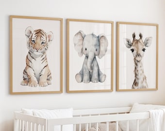 Impressions Safari pour chambre d'animaux : aquarelles de lion, d'éléphant et de girafe (lot de 3)