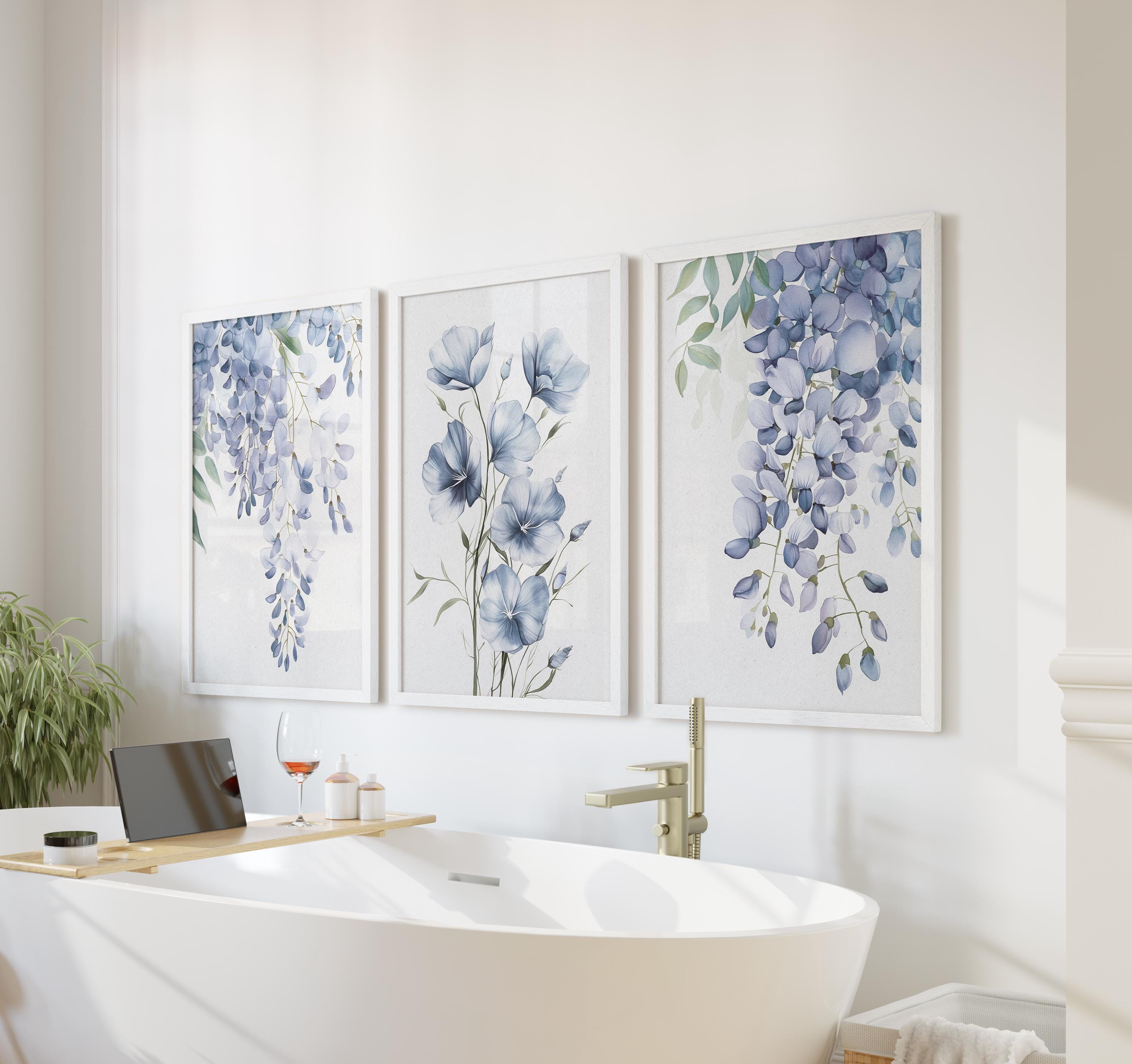 Blue Floral Watercolor Art Prints: Light Blue Botanical Wall Decor, Set ...