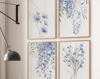 Blue Floral Art Print Set: Modern Botanical Wall Decor, Set of 4