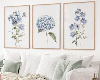 Blue Flowers Set of 3 Prints, Watercolor Hydrangea Poster, Blue Botanical Wall Art, Dorm Room Decor, Blue Floral Art, Living Room Prints
