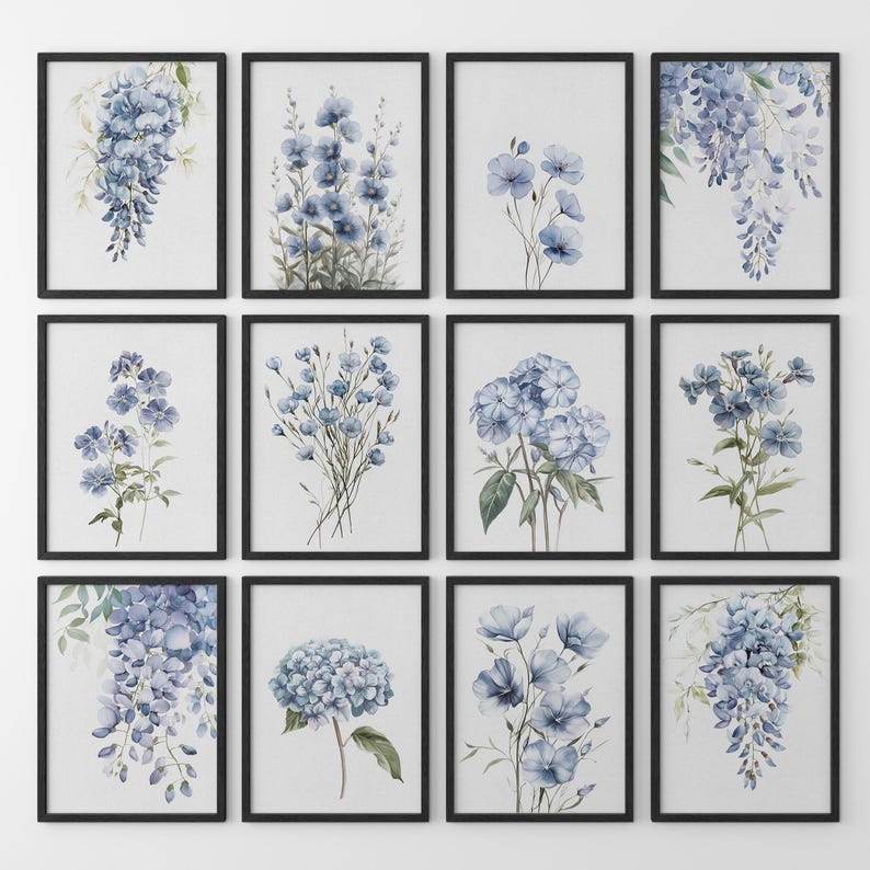 Blue Floral Watercolor Art Prints: Botanical Gallery Wall Set - Etsy