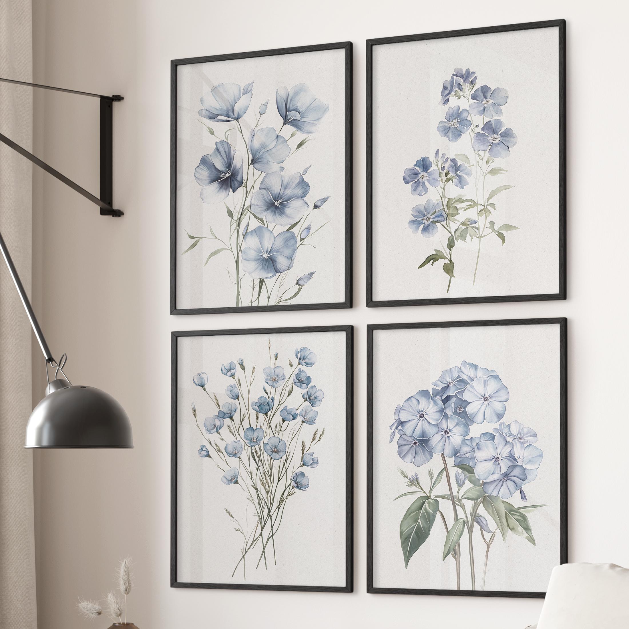 Blue Floral Watercolor Art Prints: Botanical Wall Decor, Set of 4 - Etsy