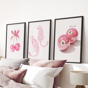 Coquette Room Decor Art Prints: Cherry Bow, Cheetah, 8 Ball - Set of 3 Framed: Black Oak