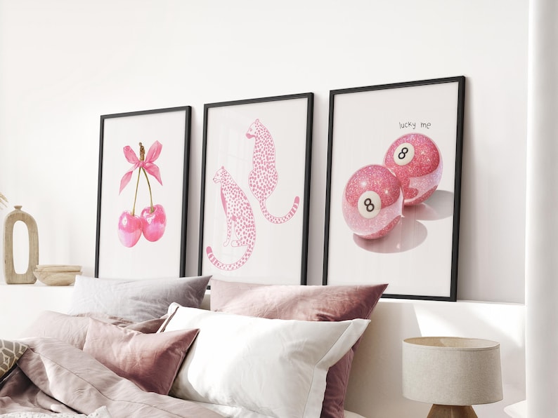 Coquette Room Decor Art Prints: Cherry Bow, Cheetah, 8 Ball - Set of 3 Framed: Black Oak