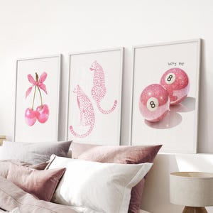 Coquette Room Decor Art Prints: Cherry Bow, Cheetah, 8 Ball - Set of 3 Unframed
