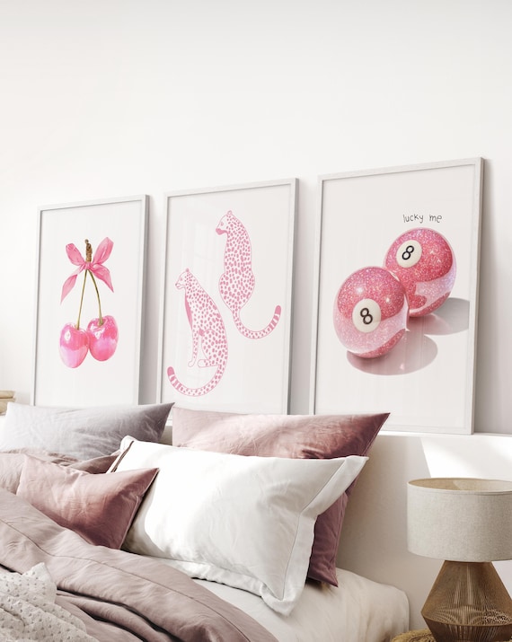 Coquette Room Decor Art Prints: Cherry Bow, Cheetah, 8 Ball - Set of 3