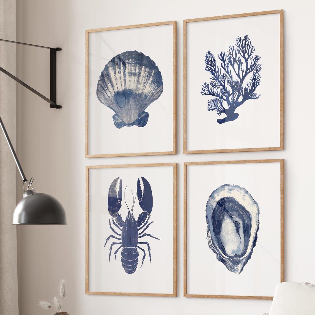 Coastal Art Print Set of 4: Nautical Sea Shell, Coral & Lobster - Etsy