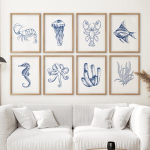 Gallery Set of 8 Nautical Art Prints, Nursery Room Decor, Blue Marine Artwork, Coastal Room Wall Art, Sea Life Posters, Beach House Decor