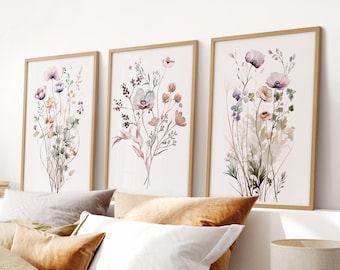 Ensemble de 3 impressions d'art fleurs, art mural de chambre à coucher, aquarelle florale, grande décoration murale, affiches de fleurs sauvages des prés, 3 pièces d'art mural botanique
