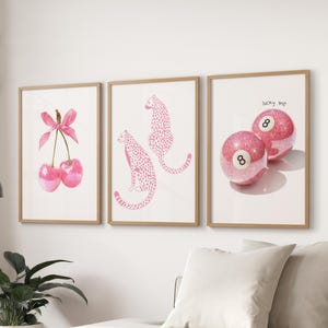 Coquette Room Decor Art Prints: Cherry Bow, Cheetah, 8 Ball - Set of 3 Framed: Natural Wood