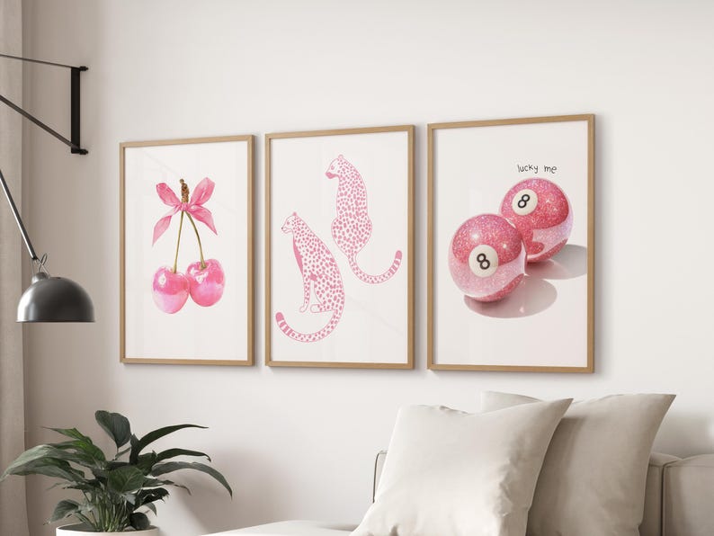 Coquette Room Decor Art Prints: Cherry Bow, Cheetah, 8 Ball - Set of 3 Framed: Natural Wood