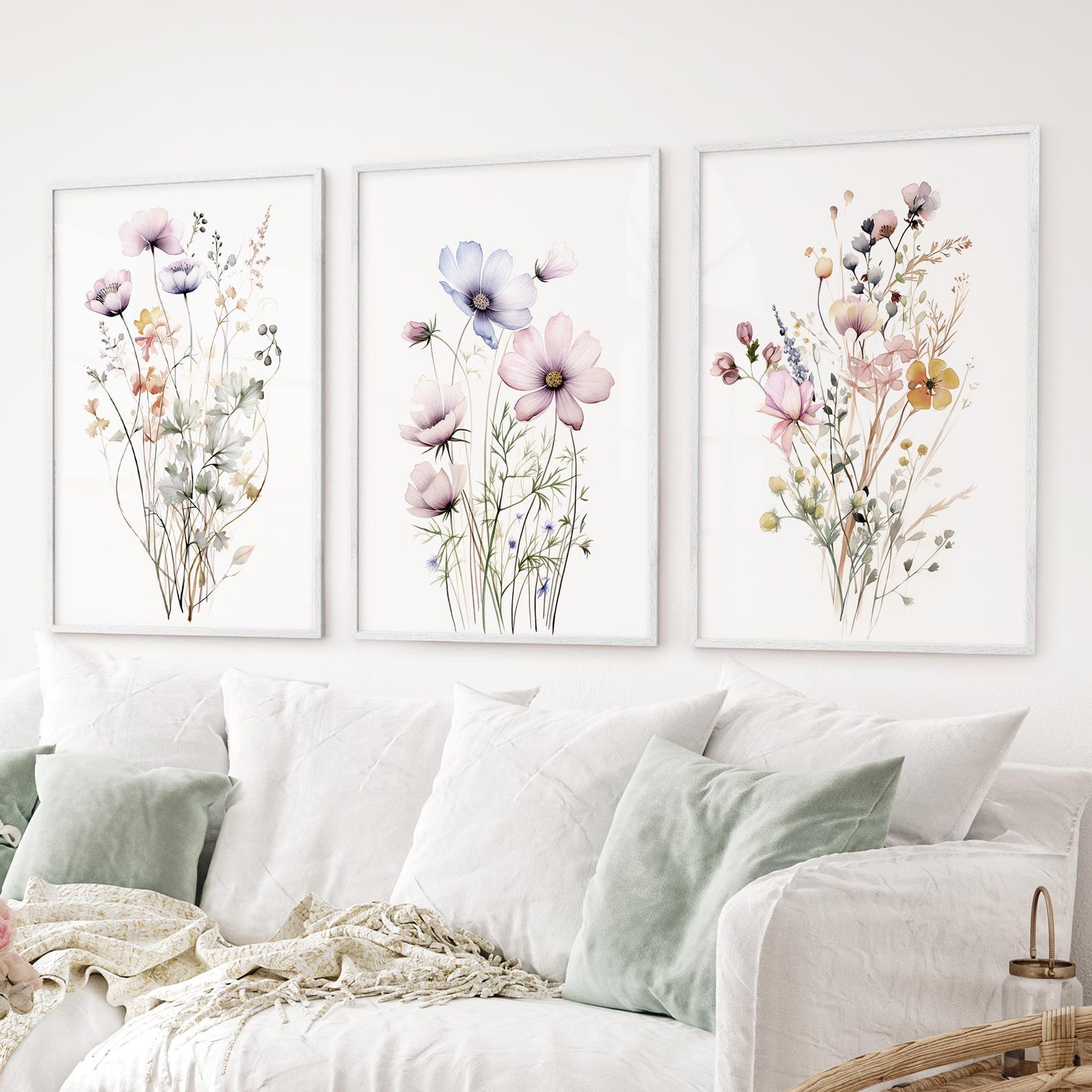 Set of 3 Wildflowers Watercolor, Botanical Wall Art Decor, Floral Art ...