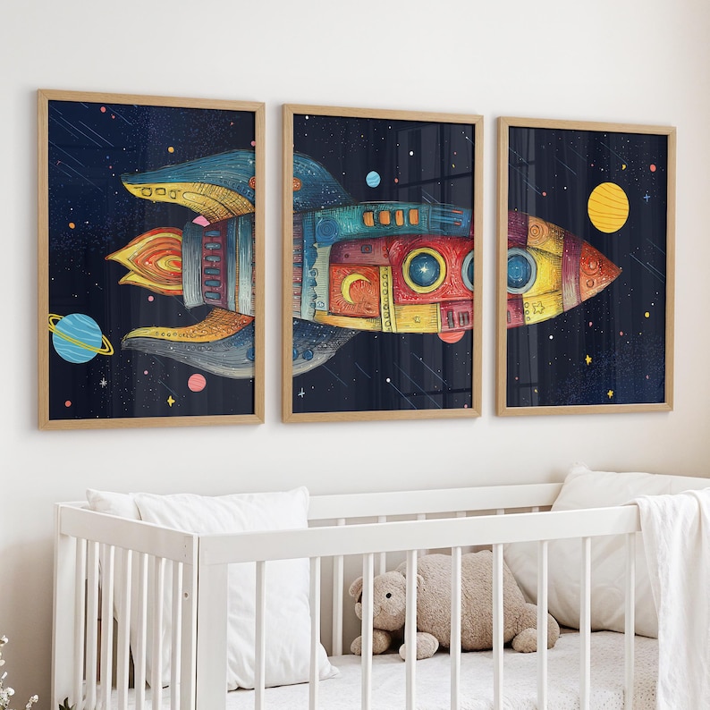 Space Rocket Wall Art: Children's Room Decor - Outer Space Set of 3 - Etsy