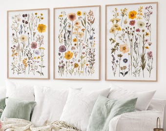 Colorful Botanical Print Set of 3, Wildflower Art, Floral Nursery Wall Art, Boho Floral Wall Decor, Watercolor Flowers Art Posters Set of 3