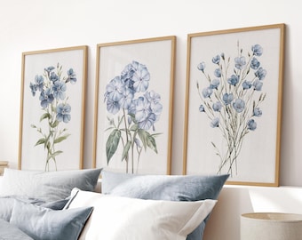 Impressions d'art aquarelle hortensia bleu : lot de 3 botaniques neutres décoration murale d'appartement