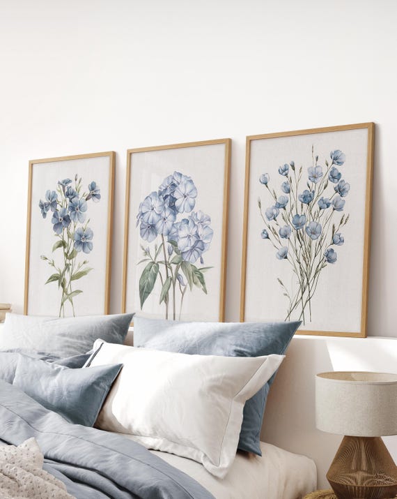 Blue Hydrangea Watercolor Art Prints: Neutral Botanical Set of 3 Apartment Wall Decor