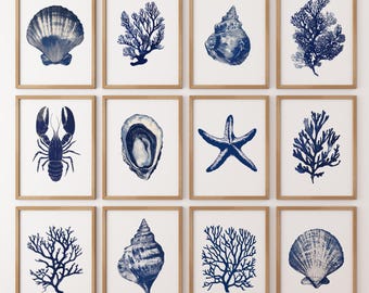 Nautical Wall Art Prints Set of 12: Navy Blue Coastal Sea Life Gallery Wall