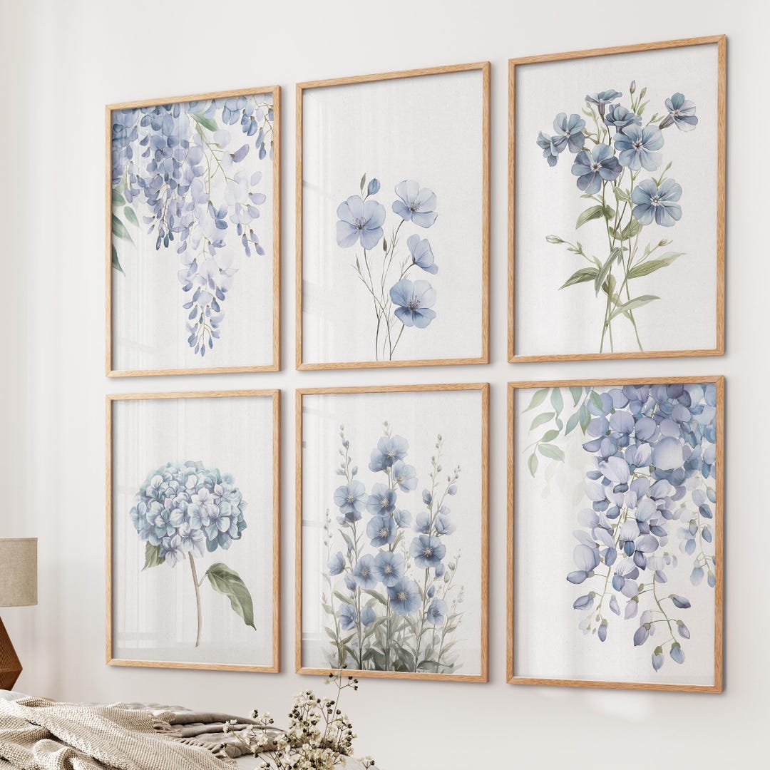 Blue Floral Watercolor Art Prints: Botanical Wall Decor Set - Etsy
