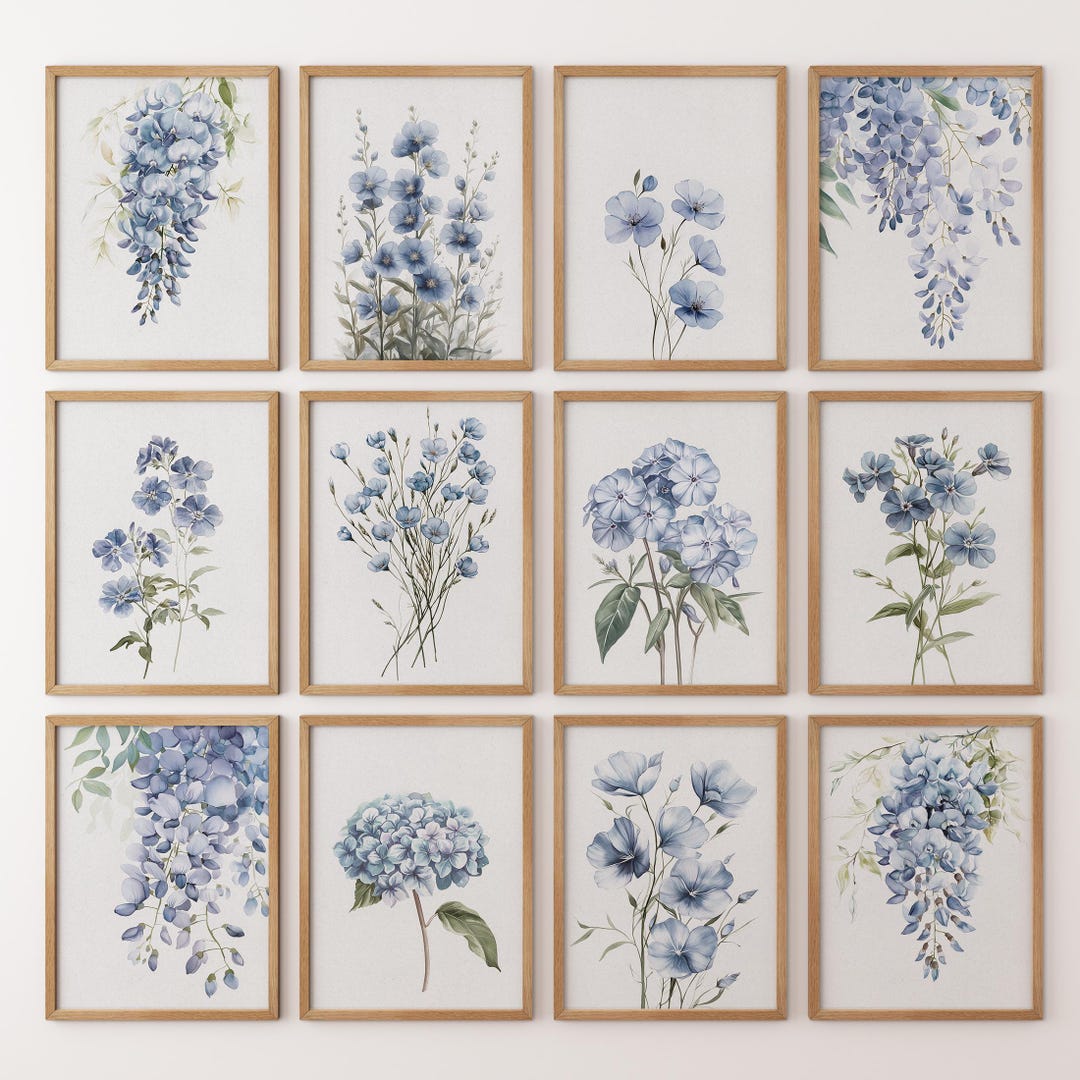 Blue Floral Watercolor Art Prints: Botanical Gallery Wall Set - Etsy