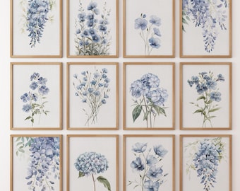 Blue Floral Watercolor Art Prints: Botanical Gallery Wall Set