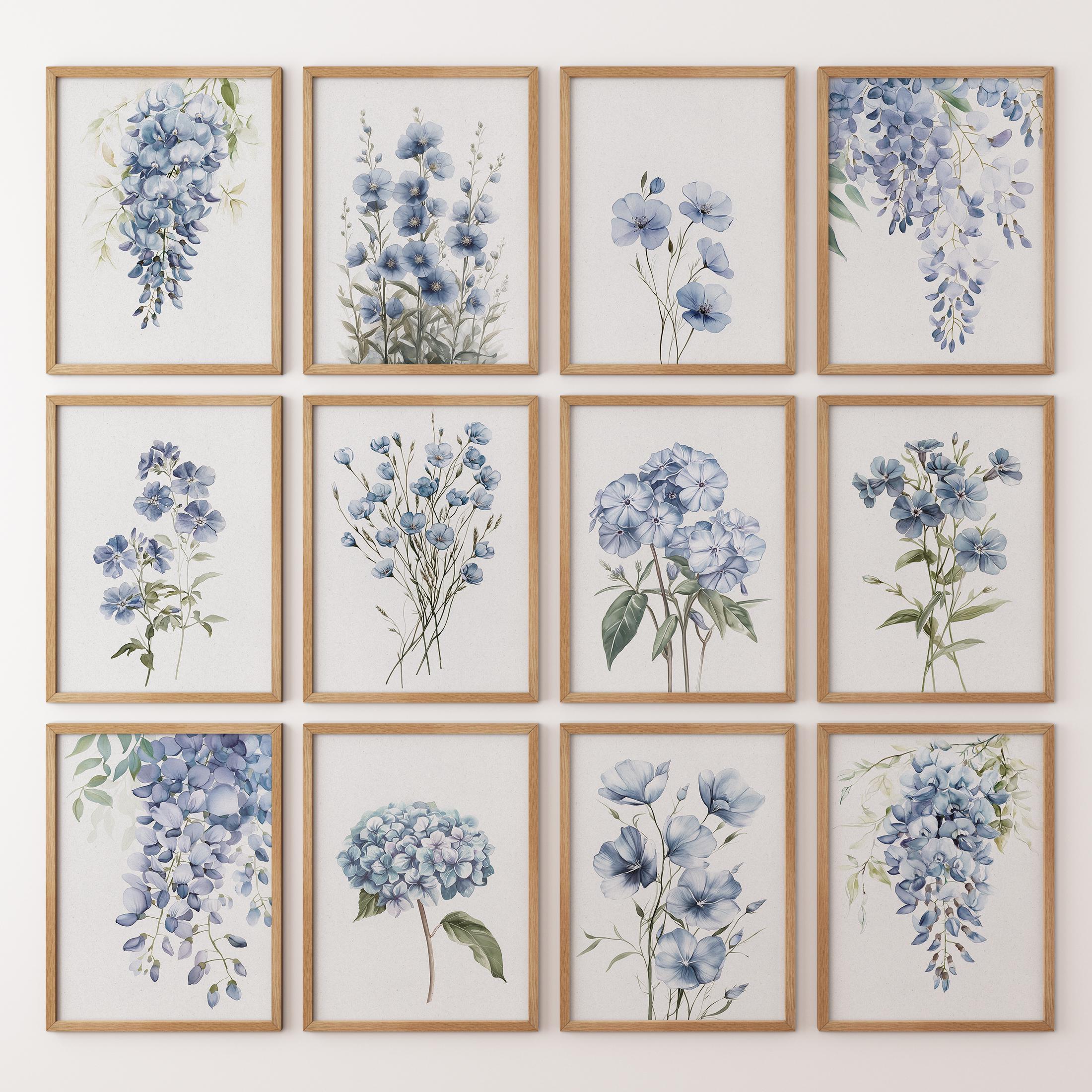 Blue Floral Watercolor Art Prints: Botanical Gallery Wall Set - Etsy