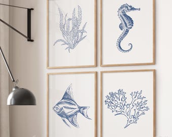 Coastal Art Print Set of 4: Nautical Sea Life, Marine Artwork