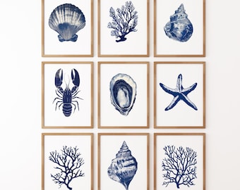 Nautical Sea Life Watercolor Prints: Coastal Navy Blue Gallery Wall Art, Set of 9