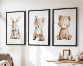 Impressions pour chambre d'animaux de la forêt : décoration de chambre de bébé - lapin, renard, ours en peluche (lot de 3)