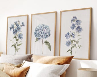 Lot de 3 impressions fleurs bleues, poster hortensia aquarelle, art mural botanique bleu, décoration de dortoir, art floral bleu, impressions de salon