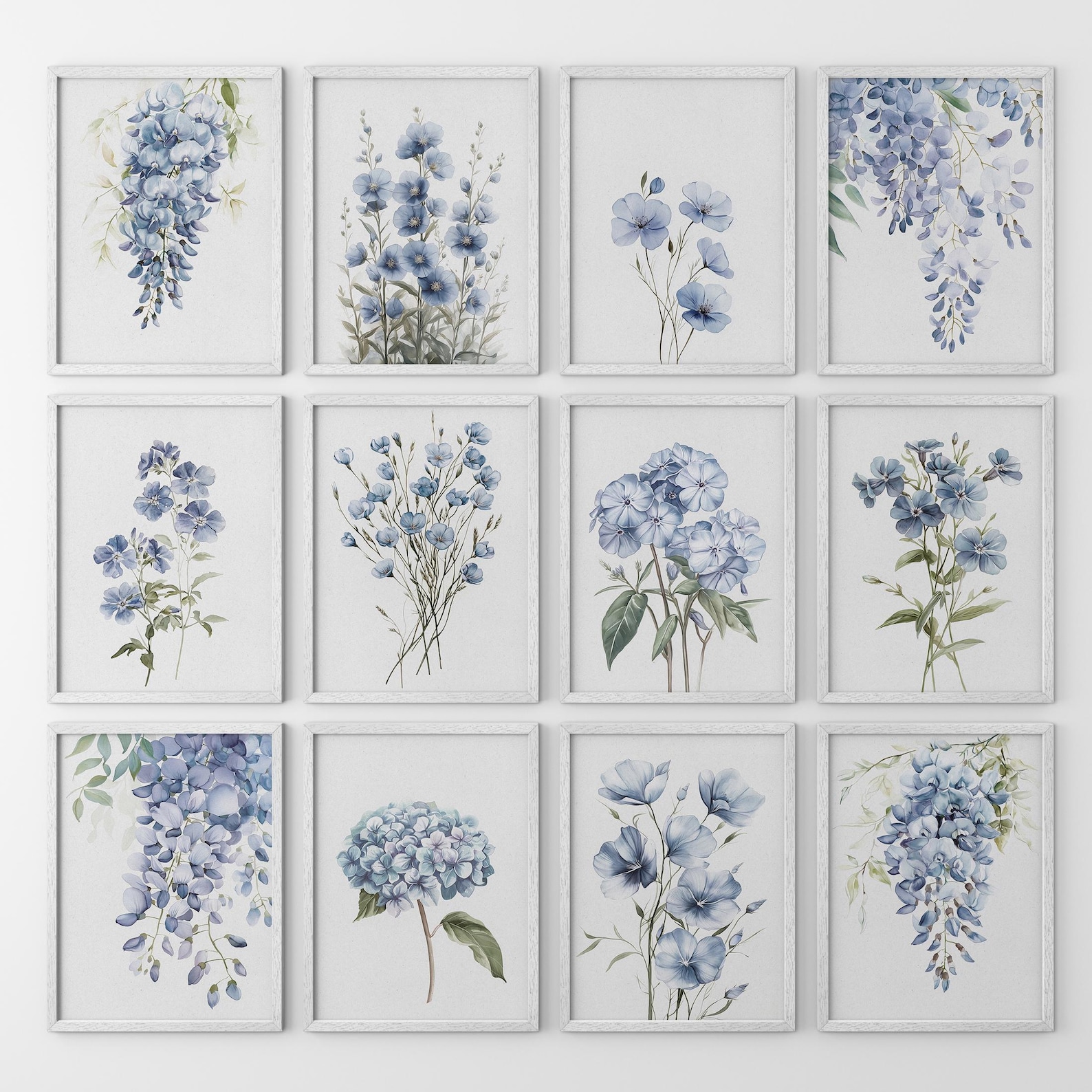 Blue Floral Watercolor Art Prints: Botanical Gallery Wall Set - Etsy